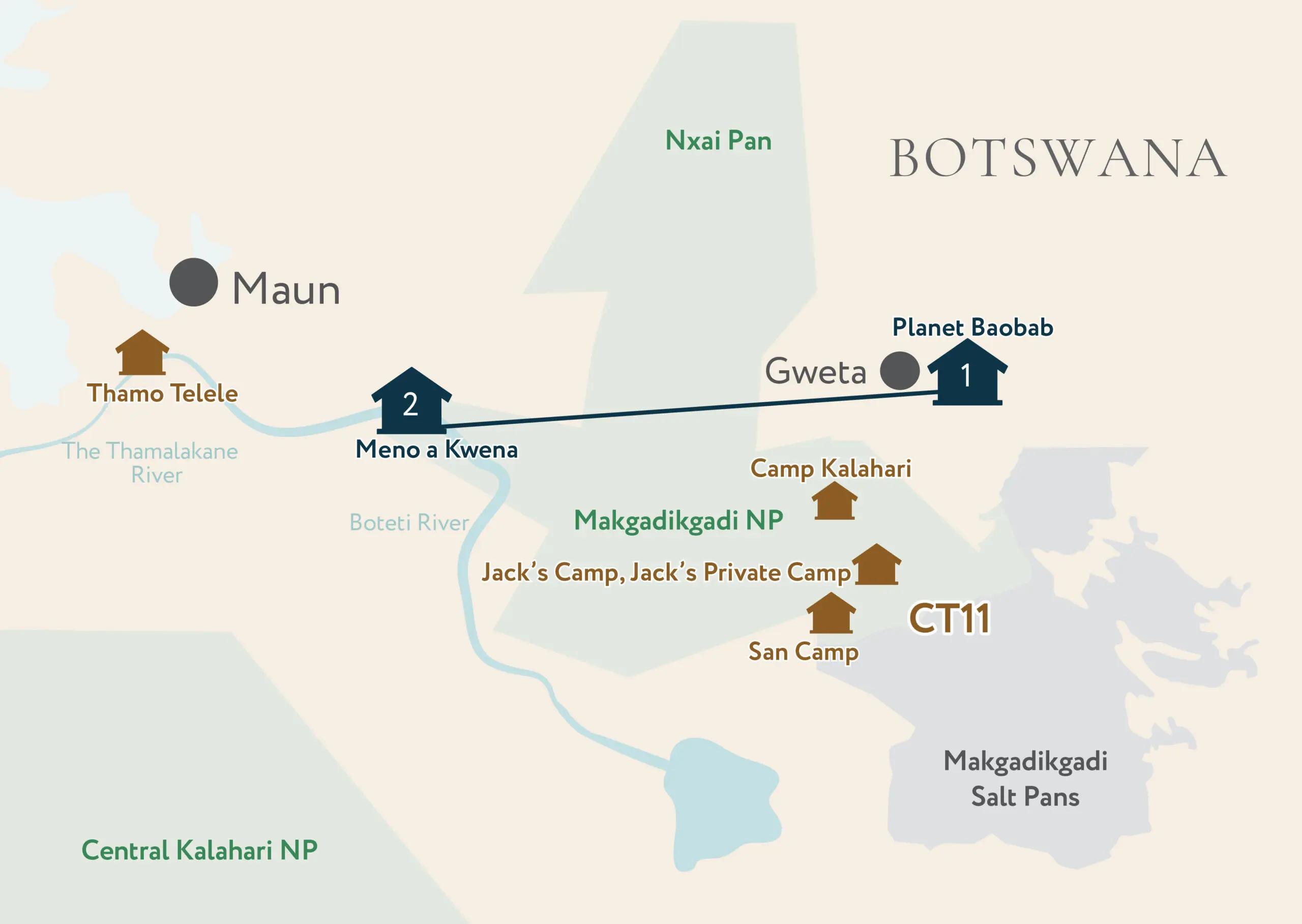 Makgadikgadi Pans Explorer with Adventures Africa - map